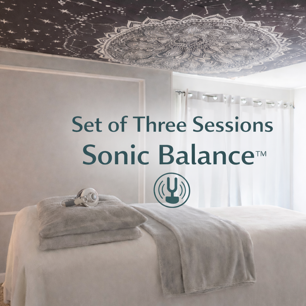 Sonic Balance™ Neuroacoustic Therapy – Set of Three Sessions package displayed in professional treatment room with therapy table and headphones