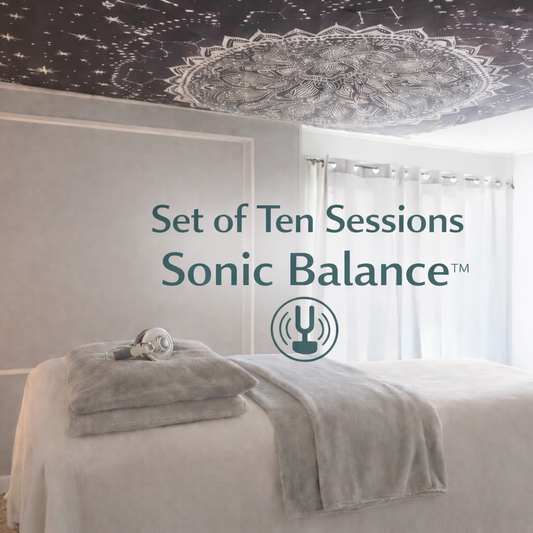 Sonic Balance™ Neuroacoustic Therapy – Set of Ten Sessions package displayed in professional treatment room with therapy table and headphones